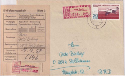 DDR - 20 Pfg. Hochsprung + 50 Pfg. SbPA-R-Zettel Einschreibbrief Berlin 1969