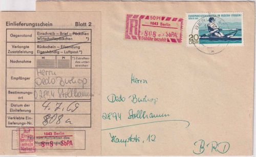 DDR - 20 Pfg. Rudern + 50 Pfg. SbPA-R-Zettel Einschreibbrief Berlin 1969
