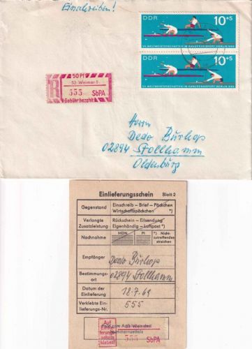 DDR - 2x10 Pfg. Kanusport + 50 Pfg. SbPA-R-Zettel Einschreibbrief Weimar 1969