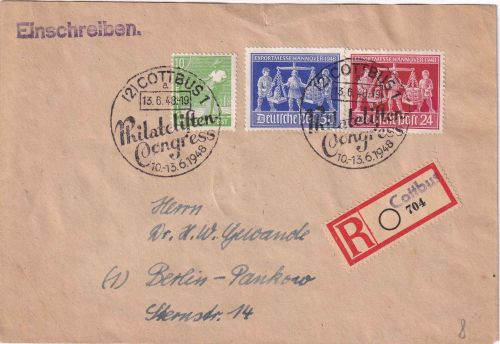 All.Bes. - Cottbus 13.6.48 SST Philatelisten-Congress Einschreibebrief n. Berlin