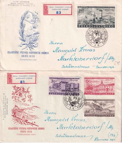 CSSR - Brno 1958 nat. Briefmarkenausstellung 2 Schmuck-FDC/Einschreibebrief