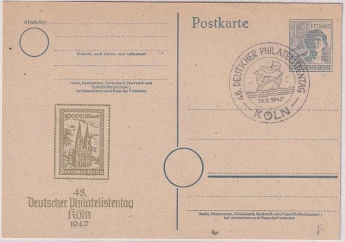 All.Bes. - Köln 1947 48. Dt. Philatelistentag SST 12 Pfg Ganzsache/Privatzudruck
