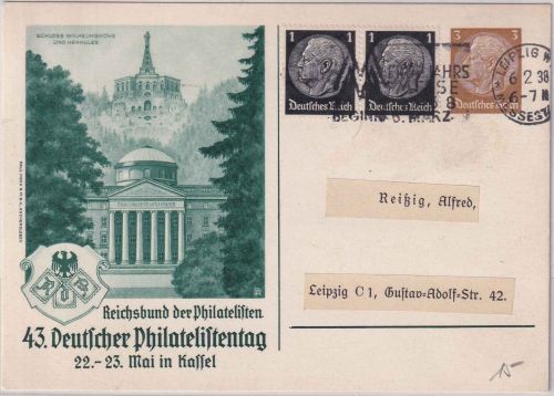 DR - 3 Pfg. Privatganzsache 43. Phil.Tag. Kassel + Zusatz Ortskarte Leipzig 1938
