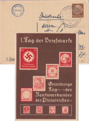 DR - 3 Pfg. Privatganzsache 1. Tag der Briefmarke SST Berlin W62 7.1.36