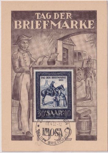 Saarland - 30 Fr. IMOSA Tag d. Briefmarke 1952 Sonderkarte m. SST 8.4.52