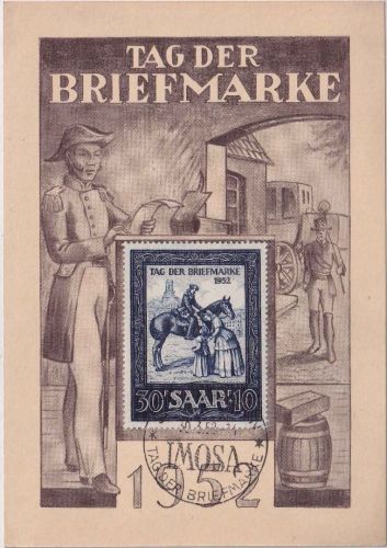 Saarland - 30 Fr. IMOSA Tag d. Briefmarke 1952 Sonderkarte m. ESST 30.3.52