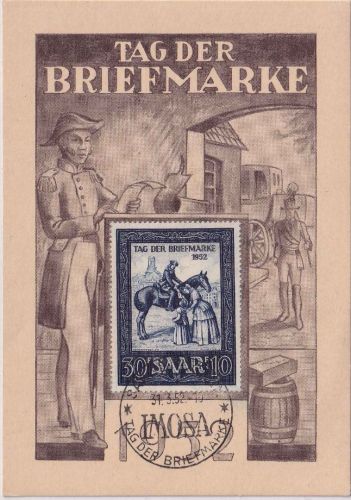 Saarland - 30 Fr. IMOSA Tag d. Briefmarke 1952 Sonderkarte m. SST 31.3.52