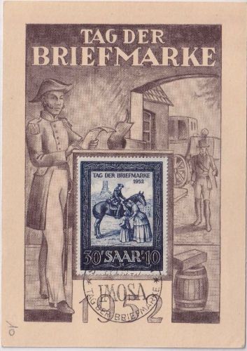 Saarland - 30 Fr. IMOSA Tag d. Briefmarke 1952 Sonderkarte m. SST 3.4.52