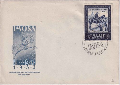 Saarland - 30 Fr. IMOSA Tag d. Briefmarke 1952 Schmuck-FDC 30.3.52
