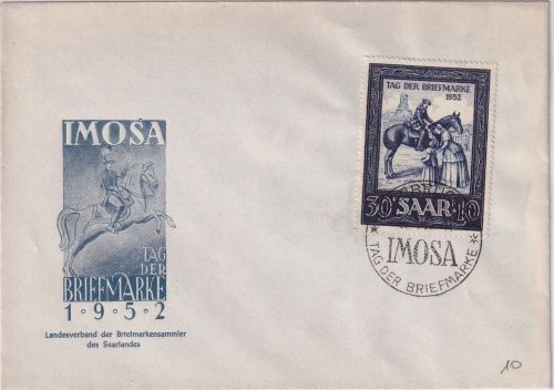 Saarland - 30 Fr. IMOSA Tag d. Briefmarke 1952 Schmuckumschlag 2.4.52