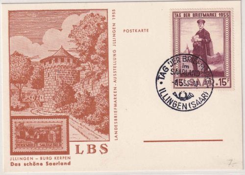 Saarland -15 Fr. Tag d. Briefmarke (Postbote) 1955 Schmuckkarte ESST 8.5.55