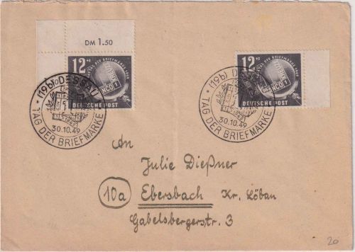 DDR - 2x12 Pfg. Tag d. Briefmarke Brief ESST Dessau 30.10.49 n. Ebersbach