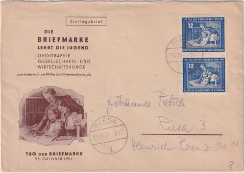 DDR - 2x12 Pfg. Tag d. Briefmarke Schmuckkuvert/FDC Riesa 28.10.51