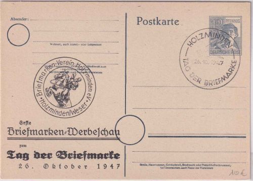 All.Bes. - 12 Pfg. Ganzsache Privatzudruck Tag d. Briefmarke Holzminden 1947