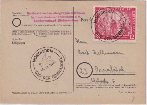 All.Bes. - Nordhorn 26.10.47 SST Tag d. Briefmarke Karte n. Osnabrück