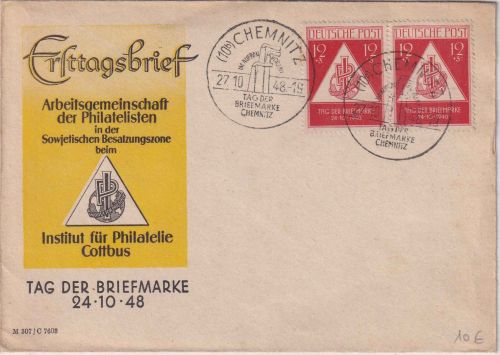 SBZ - 2x12 Pfg. Tag der Briefmarke 1948 Schmuckkuvert SST Chemnitz 27.10.48