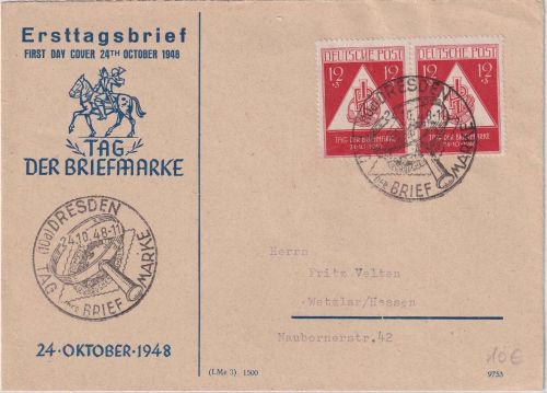 SBZ - 2x12 Pfg. Tag der Briefmarke Schmuckkuvert SST Dresden 24.10.48 n. Wetzlar