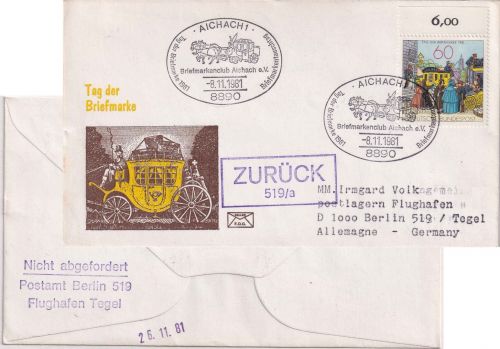BRD - Aichach 1981 Tag der Briefmarke Schmuckkuvert n. Berlin/Retourvermerk