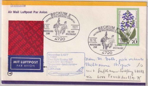 BRD - Beckum 1977 Tag der Briefmarke Lufthansa-Erstflug FFM/Melbourne