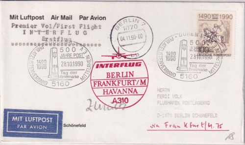 BRD - Düren 1990 Tag der Briefmarke Interflug-Erstflug Berlin/Havanna Zuleitung!