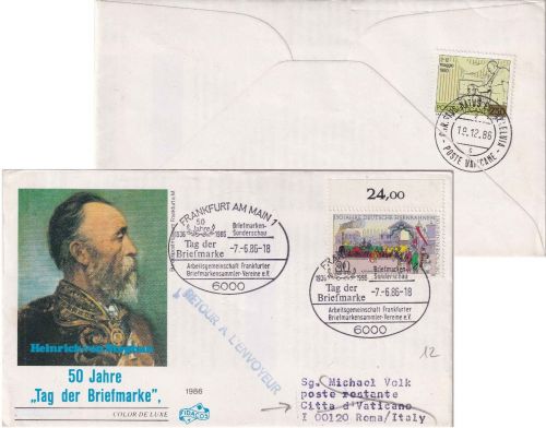 BRD - Frankfurt a/M 1986 Tag der Briefmarke Schmuckkuvert n. VATIKAN Lagergebühr