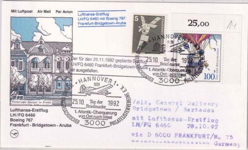 BRD - Hannover 1992 Tag der Briefmarke LH-Erstflug FFM/Bridgetown(Barbados)