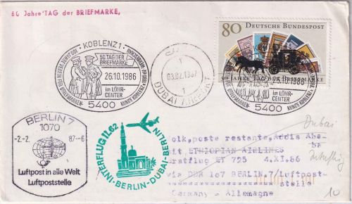 BRD - Koblenz 1986 Tag der Briefmarke Interflug-Erstflug Berlin/Dubai
