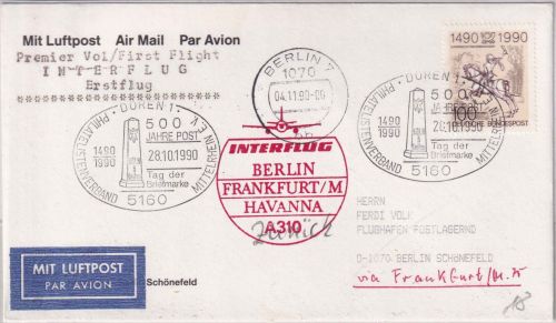 BRD - Düren 1990 Tag der Briefmarke Interflug-Erstflug Berlin/Havanna Zuleitung!
