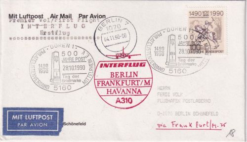 BRD - Düren 1990 Tag der Briefmarke Interflug-Erstflug Berlin/Havanna Zuleitung!