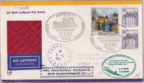 BRD - Asperg 1981 Tag der Briefmarke LH-Erstflug Dakar/Sao Paulo Zuleitungspost