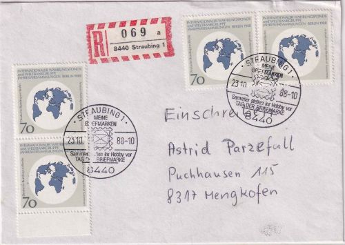 Berlin - 4x70 Pfg. IWF JT 1988 Einschreibebrief SST Straubing Tag der Briefmarke