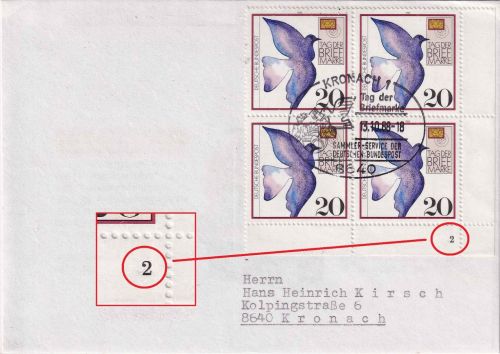 BRD - 20 Pfg. Tag d. Briefmarke 4er-Bl/Bogenecke/Formnummer FDC SST Kronach 1988
