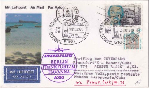 BRD - Düren 1990 Tag der Briefmarke Interflug-Erstflug FFM/Havanna Zuleitung!
