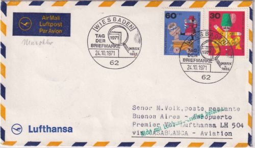 BRD - Wiesbaden 1971 Tag der Briefmarke LH-Erstflug Casablanca/BA Zuleitungspost