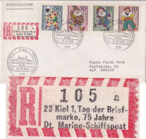 BRD - Kiel 1970 Tag der Briefmarke Einschreibebrief Sonder-R-Zettel Marine-SP !