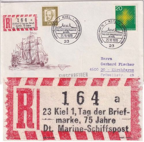 BRD - Kiel 1970 Tag der Briefmarke Einschreibebrief Sonder-R-Zettel Marine-SP !