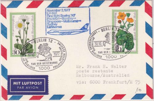 Berlin - Tag der Briefmarke 1977 Lufthansa Erstflug FFM/Melbourne Zuleitungspost