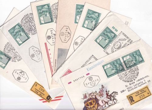 Österreich - Tag der Briefmarke 1965 6 FDC+1 Luftpostbrief ESST/SST Wien