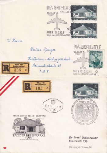 Österreich - Tag der Briefmarke 1961 2 Einschreibebriefe (1xFDC, 1xSST)