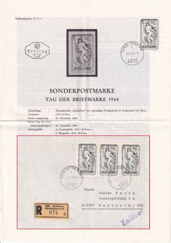 Österreich - Tag der Briefmarke 1968 Mitteilungsblatt (8 S.) m. Marke + EST Linz