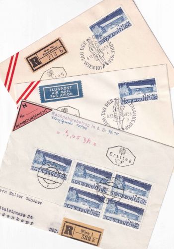 Österreich - Tag der Briefmarke 1957 3 FDC (1x NN-R-Brief !) ESST/EST Wien