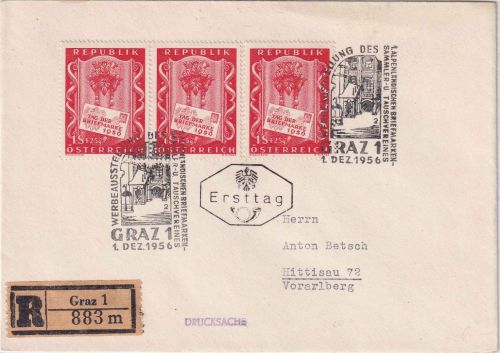 Österreich - 3x1 S. Tag der Briefmarke Einschreibebrief/FDC ESST Graz 1.12.56