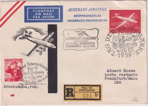 Österreich - Tag der Briefmarke 1959 AUA-Erstflug Lupo-Einschreiben Wien - FFM