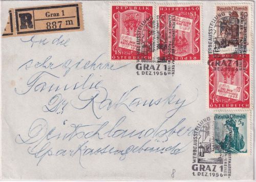 Österreich - 3x1 S. Tag der Briefmarke u.a. Einschreibebrief/FDC ESST Graz 1956