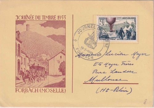 Frankreich - Tag der Briefmarke 1955 Sonderkarte/FDC ESST Forbach 19.3.55