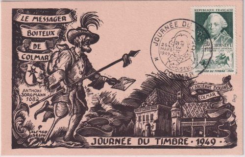 Frankreich - Tag der Briefmarke 1949 Sonderkarte/FDC ESST Colmar 26.3.49