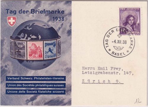 Schweiz - Tag der Briefmarke 1938 Sonderkarte SST Basel - Zürich 4.12.38