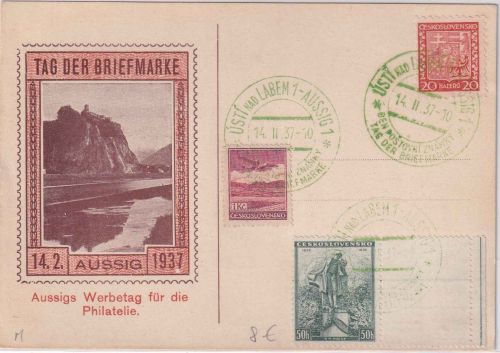 Tschechien - Tag der Briefmarke 1937 Sonderkarte + SST Aussig 14.2.37