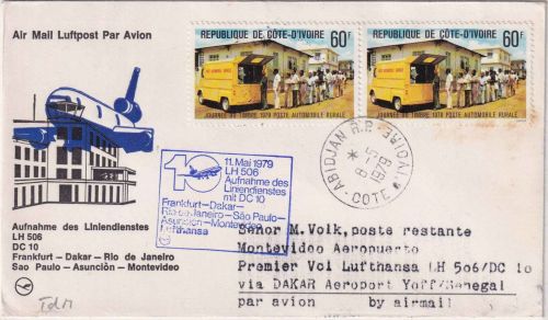 Elfenbeinküste - 2x60 Fr. Tag der Briefmarke 1979 LH-Erstflug Dakar/Montevideo