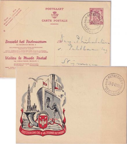 Belgien - 65 C. Wappen Ganzsache/Zudruck Postmuseum SST Tag der Briefmarke 1948